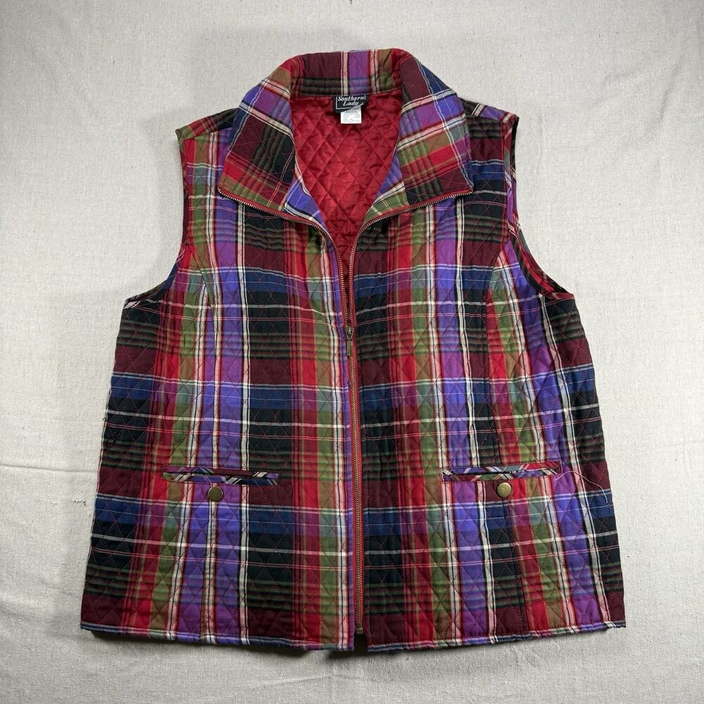 Southern Lady Quilted Vest Womens XL Red Purple Plaid Full Zip Lightweight